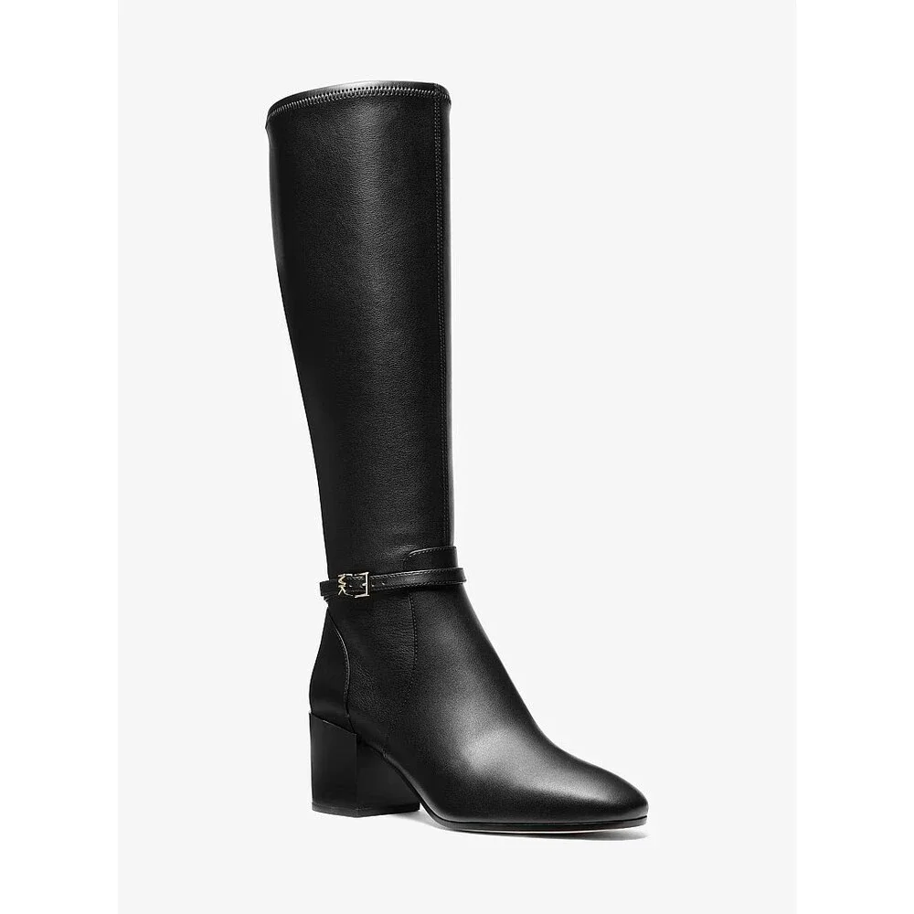 Michael Kors Women's Ella Block Heel Boot Black Faux Leather Tall Boots $345 10